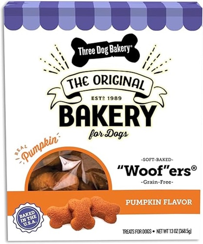 Three Dog Bakery Dog Treats Soft Baked Woofers Grain Free Pumpkin
