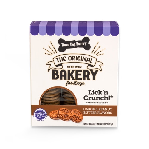 Three Dog Bakery Lick'n Crunch! Sandwich Cookies Dog Treats Carob & Peanut Butter