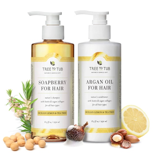 Tree to Tub Thickening Vegan Collagen & Biotin Shampoo and Conditioner Set of 2 Sicilian Lemon & Tea Tree