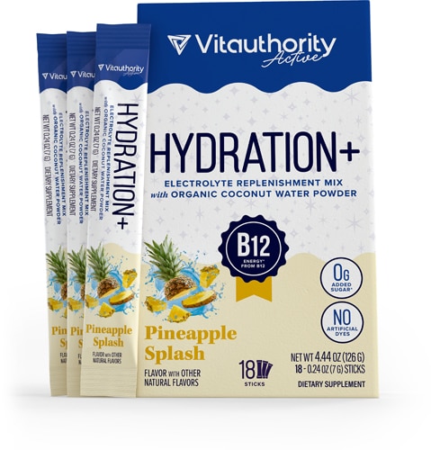 Vitauthority Hydration+ with Electrolytes and Organic Coconut Water Powder and B12 Pineapple Splash