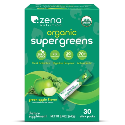 Zena Organic Supergreens Powder Stick Packs Green Apple