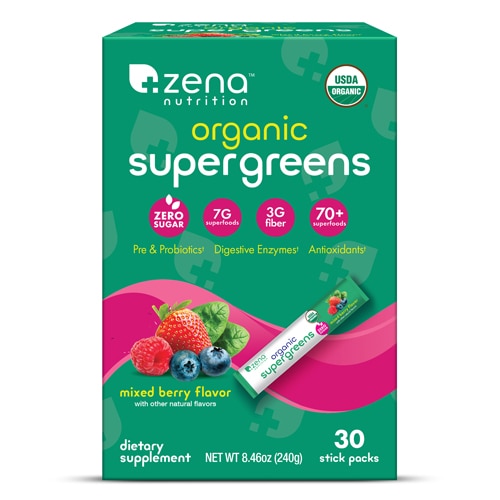 Zena Organic Supergreens Powder Stick Packs Mixed Berry