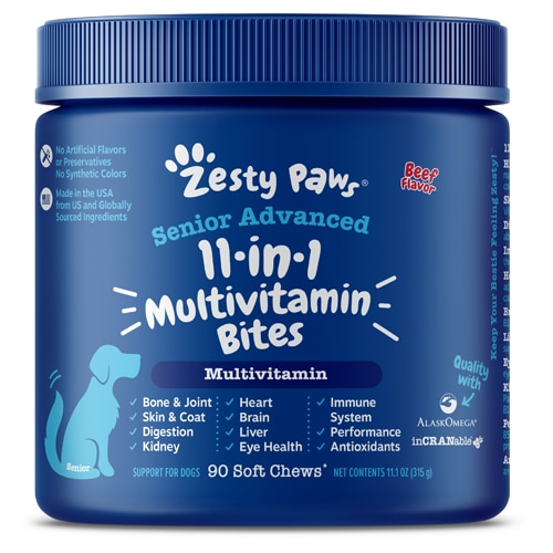 Zesty Paws Dog Senior Advanced 11-in-1 Multivitamin Glucosamine Supplement Beef