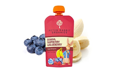 Peter Rabbit Organics banana, raspberry, and blueberry puree